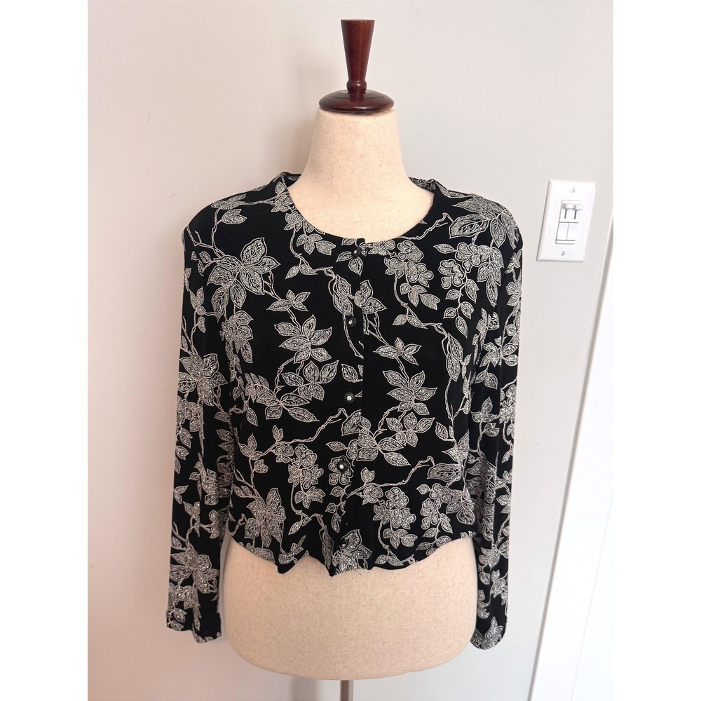 RONNI NICOLE | Cardigan Women 14 Black Silver‎ Metallic Floral Cropped Vintage